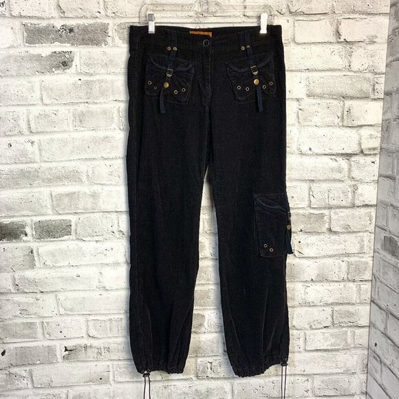 Vintage Y2K Sexy Sixty Black Corduroy Mid Rise Utility Cargo Pants - Picture 1 of 14